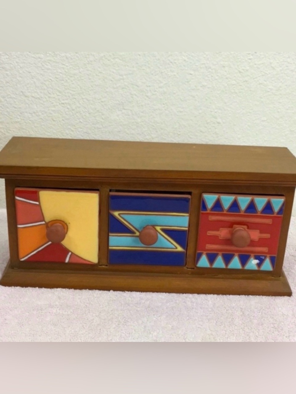 Camacho Handmade Wood Clay Ceramic Boho Aztec Southwest Mini 3 Drawer Decor